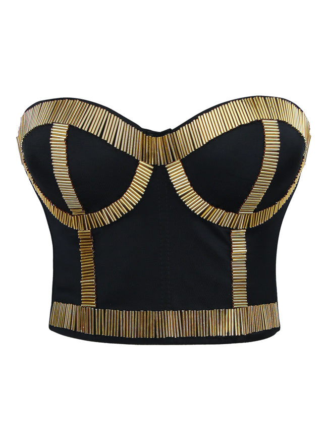 Punk Metallic Stick Clubwear Party Bustier Bra Crop Top Black Gold XL Fit Bust 33.5 35.2