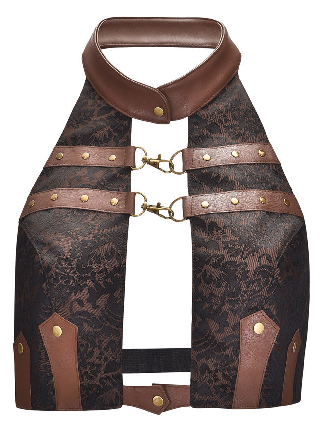 Steampunk Jacquard Halter Sleeveless Backless Leather Tank Top