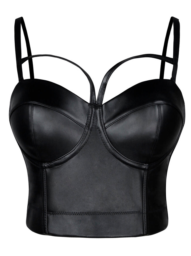 Spaghetti Straps Gothic PU Leather Corset Bustier Crop Top Bra