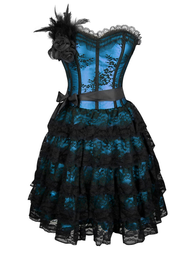 Burlesque Floral Lace Overlay Strapless Lace Up Bustier Corset Dress