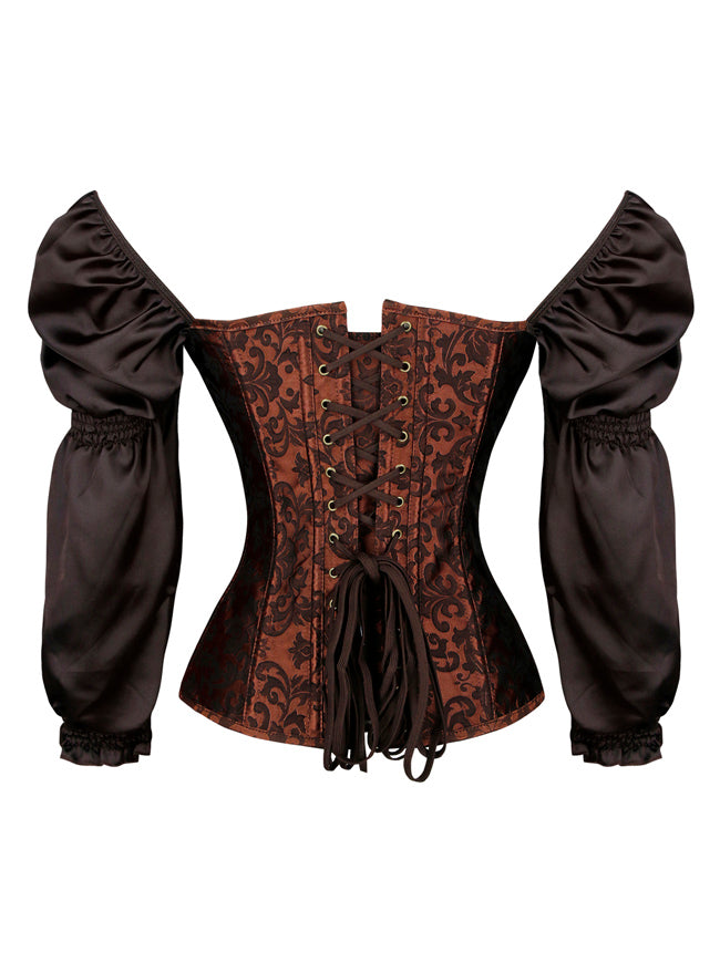 Renaissance Victorian Brocade Long Sleeves Overbust Corset Top Bustier Back View