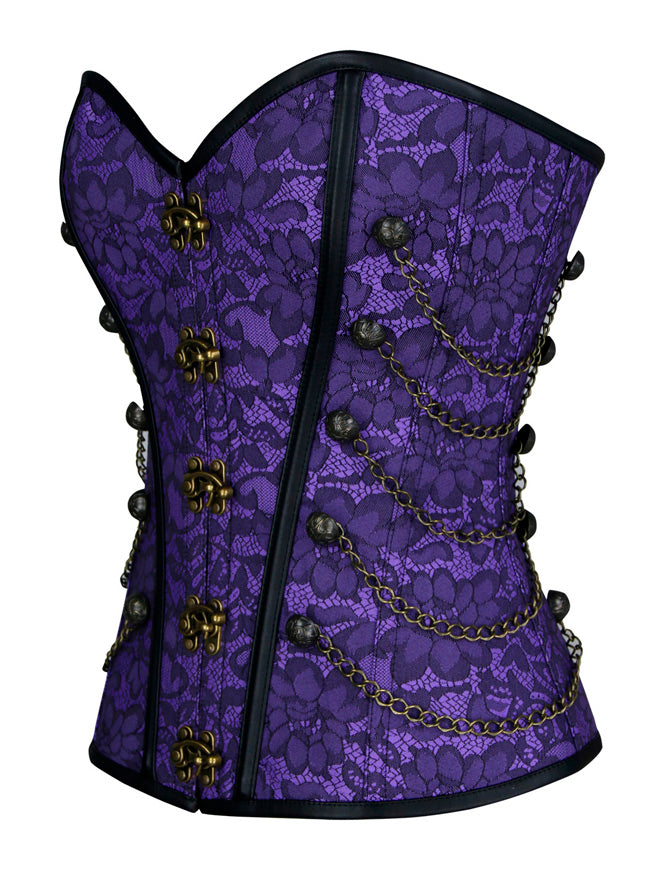 Women's Fashion Jacquard Steel Boned Busk Closure Waist Cincher Bustier Corset with Chains Purple Side View