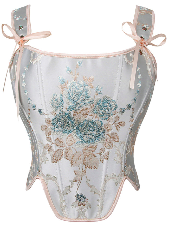 Charmian Women Renaissance Vintage Floral Fishbone Lace Up Overbust Bustier Corset Top Blue Main Image