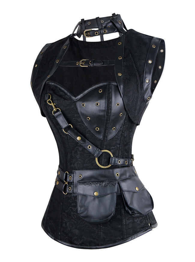 Steampunk Black Renaissance Cheap Punk Goth Belt Steel Boned Overbust Halloween Corset Top Side View