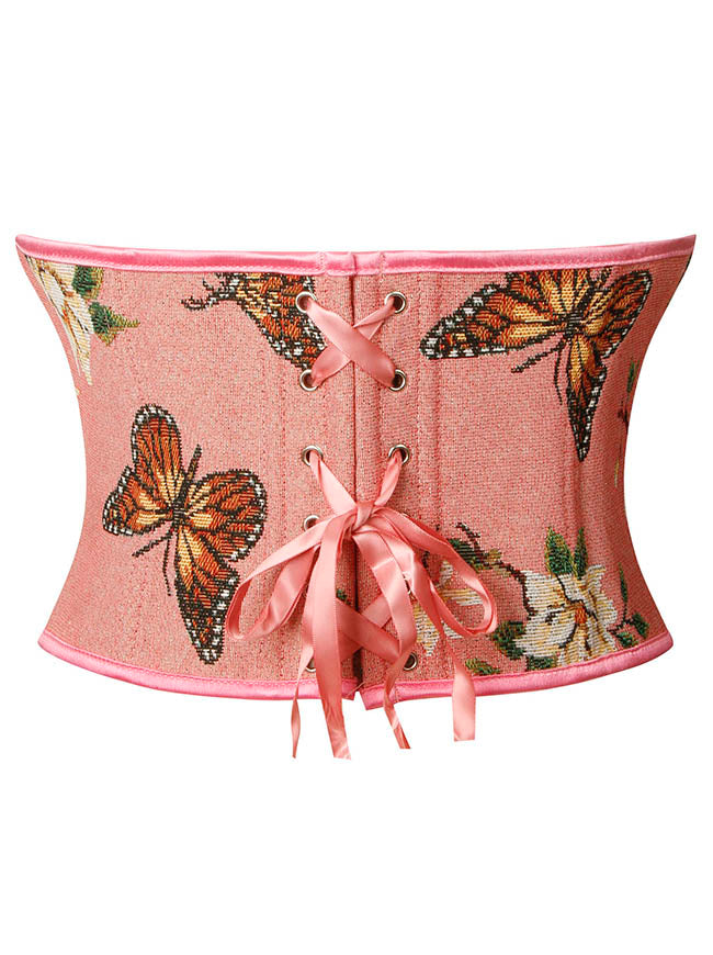 Vintage Overbust Pink Elegant Embroidered Brocade Floral Party Corset Back View