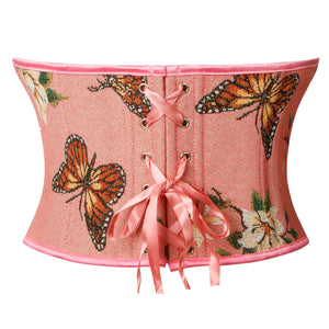 Vintage Overbust Pink Elegant Embroidered Brocade Floral Party Corset Back View