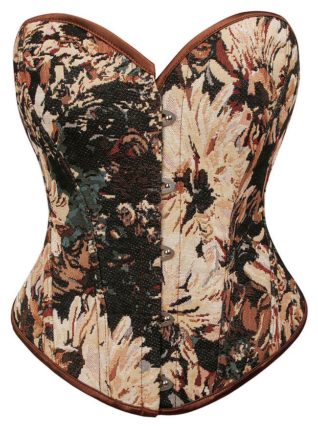 Charmian Women's Floral Lace Up Boned Overbust Corset Bustier Bodyshaper Top Brown Main Image