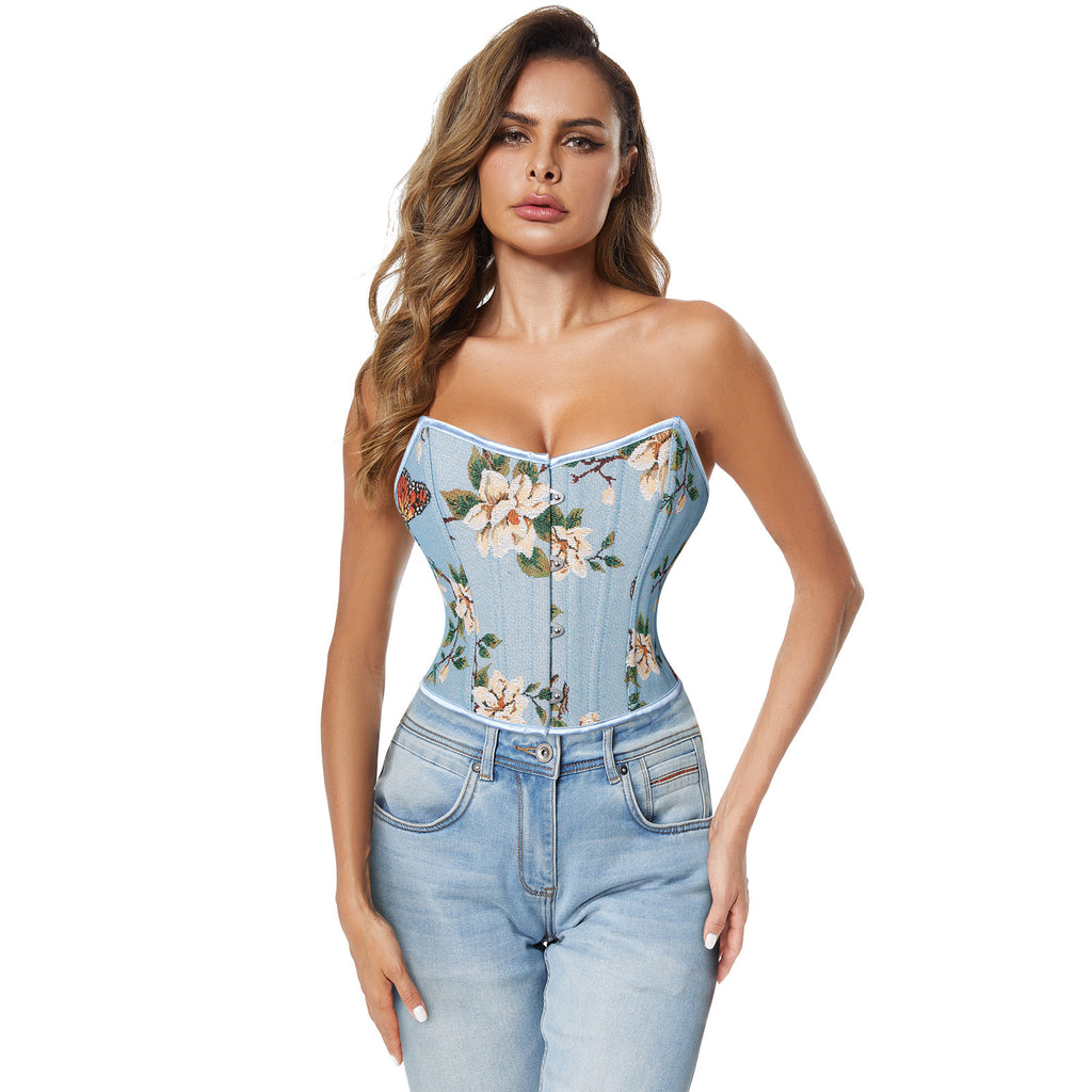 Renaissance Vintage Flower Printed Push Up Bustier Flower Corset Crop Top Main View