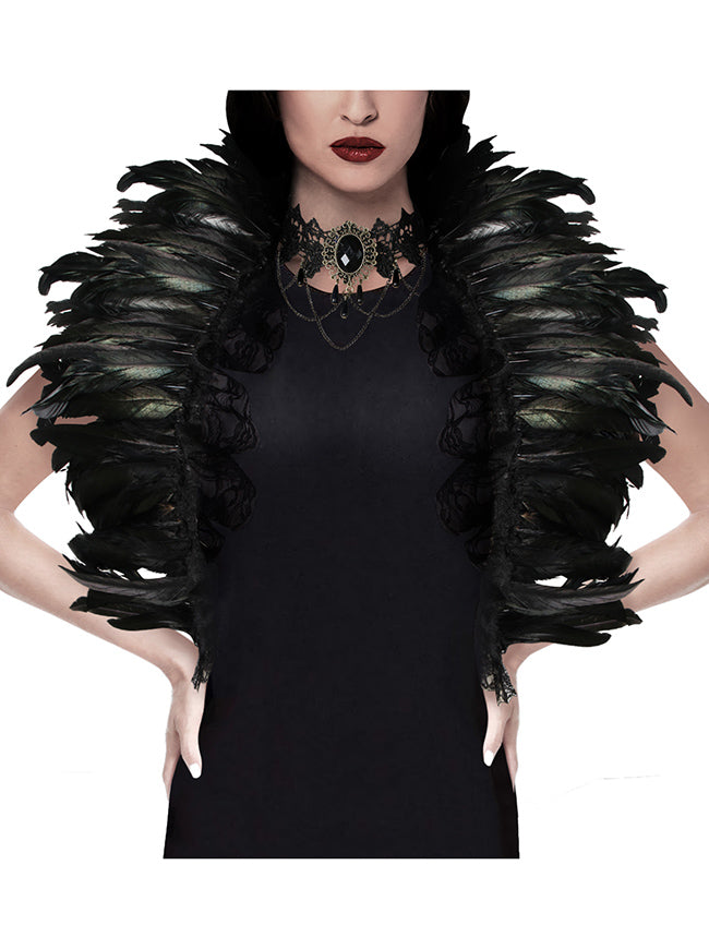 Charmian Gothic Feathers Shawl Halloween Cape Shrug Accessories with Lace Necklace Main Image