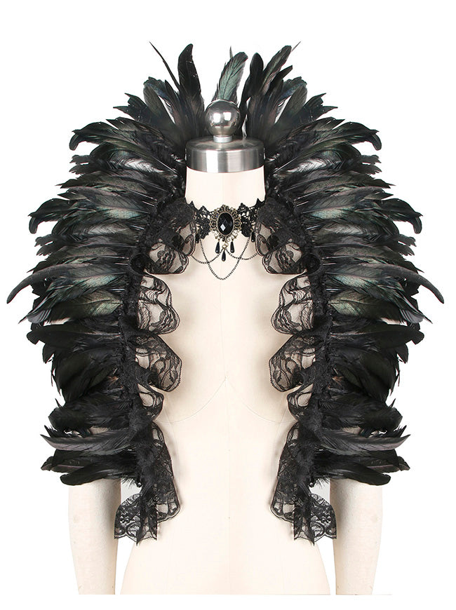 Fashion Black Natural Feather Gothic Cape Shawl with Choker Collar Back View