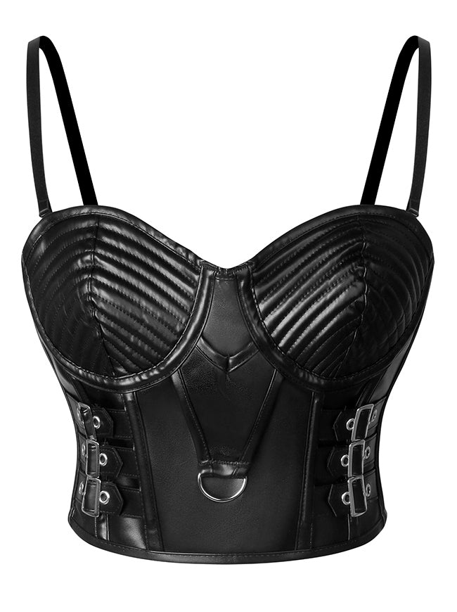 Gothic Spaghetti Straps Faux Leather Bustier Crop Top with Buckles Main Image