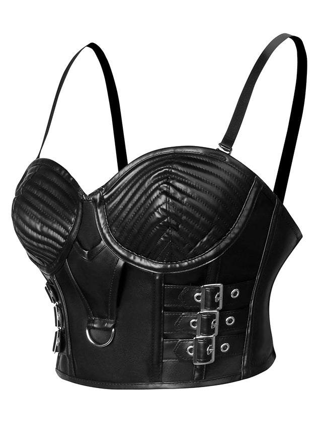 Fashion Charming Women Black Leather Steampunk Buckle Closure Bra Side View