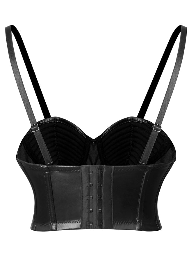 Women's Steampunk Spaghetti Straps Push Up Faux Leather Bustier Crop Top Bra Black Back View