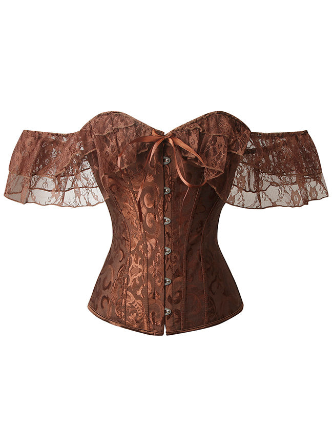 Steampunk Gothic Elegant Off Shoulder Jacquard Overbust Corset Top Brown Main Image