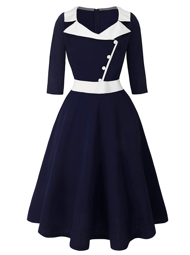 Killreal Womens Vintage 1950s Business Office Work Cocktail A-Line Midi Dress with Sleeve Navy Blue Main Image