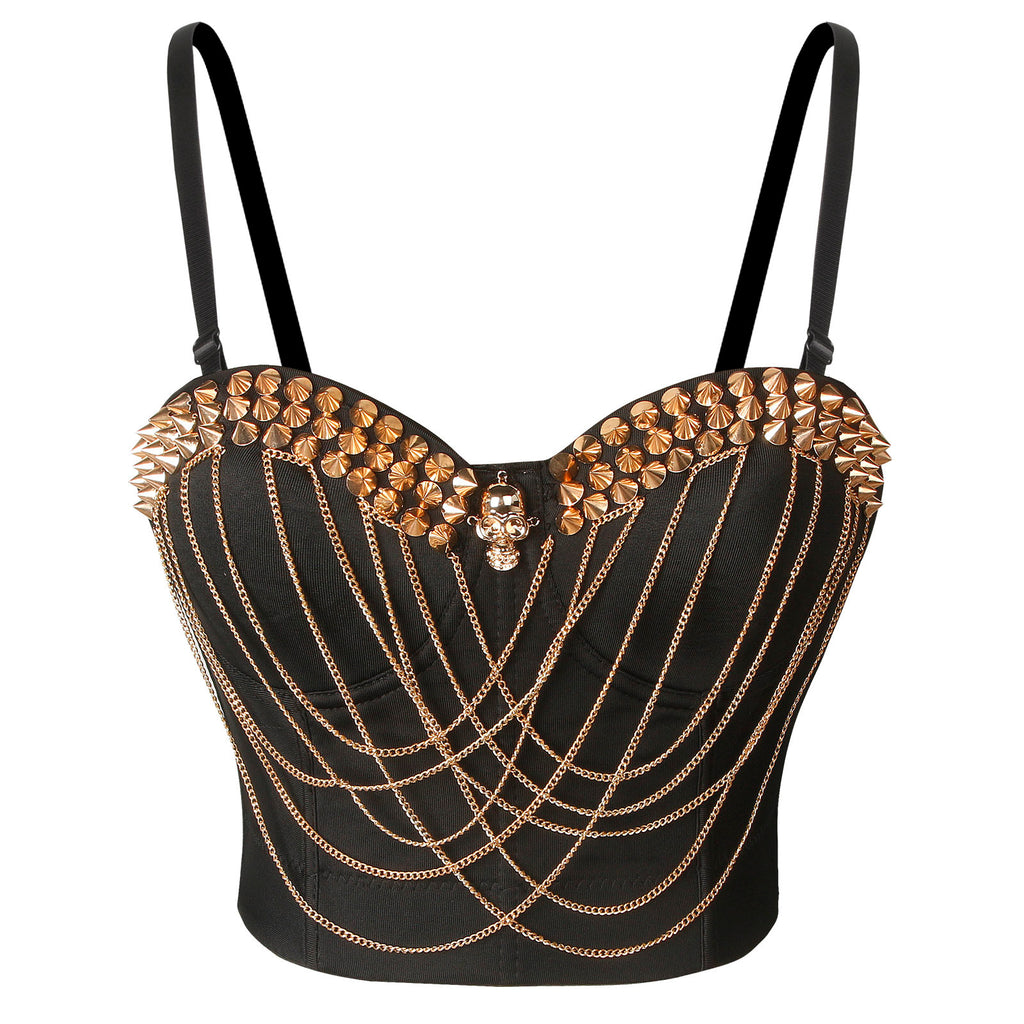 Women's Punk Studs Rivets Spaghetti Strap Skull Bustier Bra Corset Top Main View