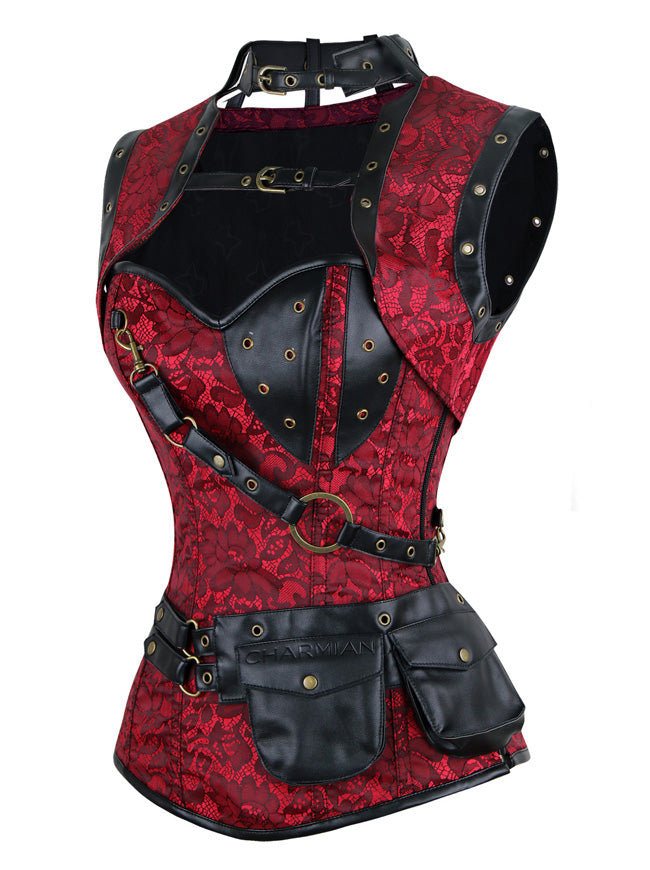 Steampunk Red Renaissance Cheap Punk Goth Belt Steel Boned Overbust Halloween Corset Top Side View