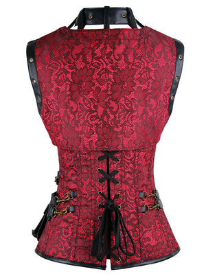 Steampunk Women Punk Short Torso Goth Rock Steel Boned Victorian Jacket Red Burlesque Corset Back View