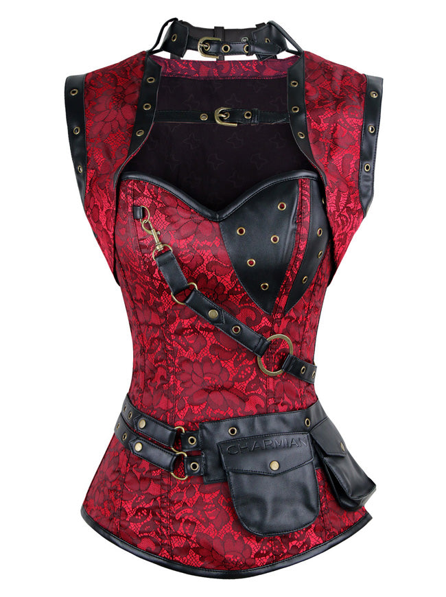 Steel Boned Retro Goth Brocade Steampunk Bustiers Corset Top with Jacket and Belt