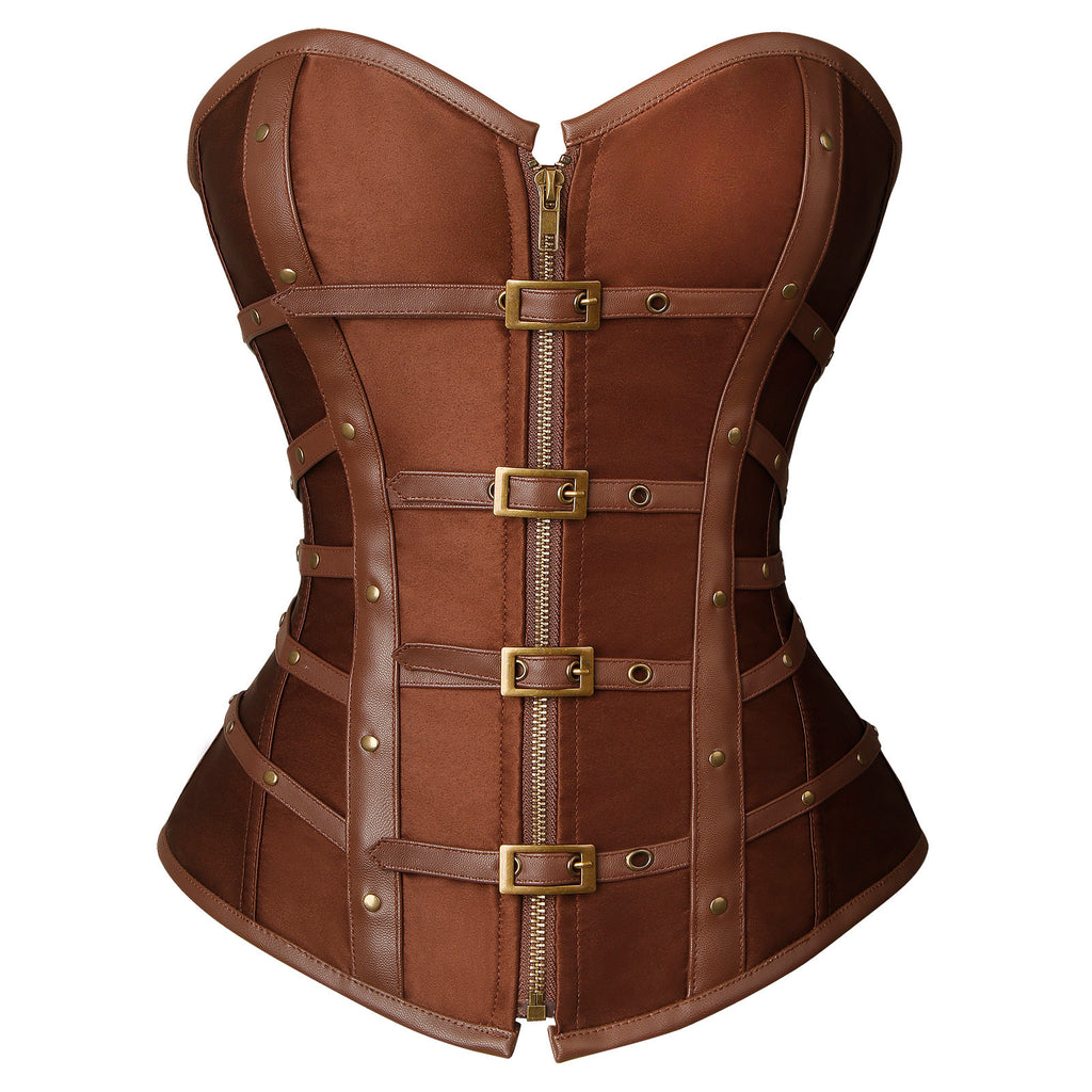 Charmian Women's Gothic Punk Satin Boned Zipper Overbust Corset Top with Buckles Main View