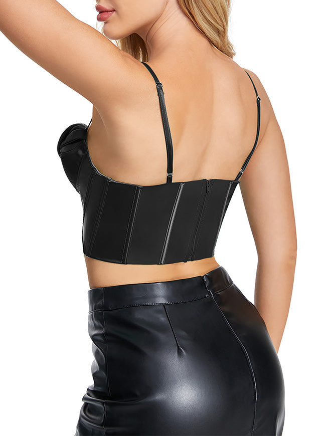 Vintage Casual Girl Black Satin Plastic Boned Overbust Crop Tops  Back View