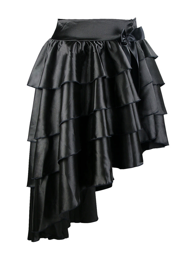 Women Casual Satin High-low Ruffles Dancing Party Skirt with Bowknot Black Main Image