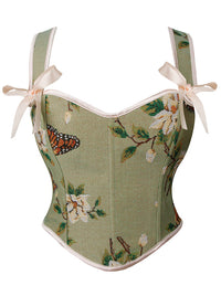 Charmian Women's Victorian Floral Butterfly Print Overbust Corset Bustier Crop Top Green Main Image