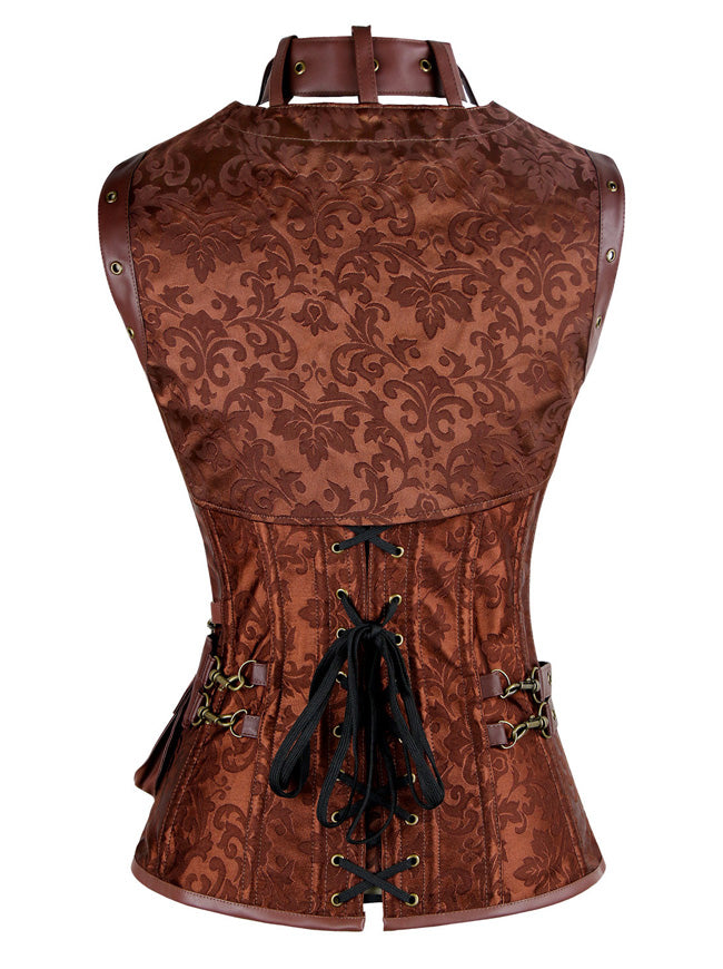 Women's Gothic Spiral Steel Boned High Neck Waist Cincher Corset with Jacket and Belt Brown Back View