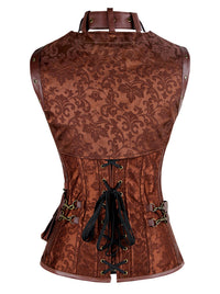 Women's Gothic Spiral Steel Boned High Neck Waist Cincher Corset with Jacket and Belt Brown Back Main Image