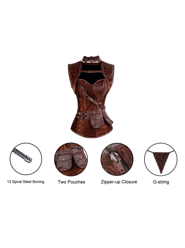 Women's Fashion Spiral Steel Boned High Neck Hourglass Corset with Jacket and Belt Brown Detail View