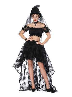 2 Pcs Halloween Steampunk Off Shoulder Crop Top with Skirt Set