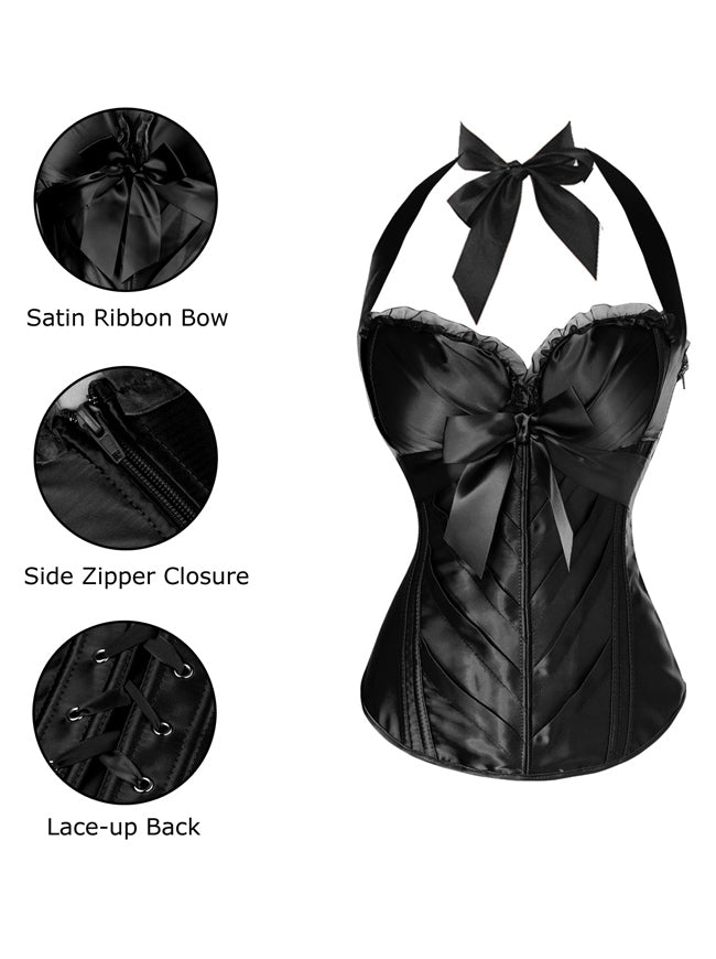 Women's Fashion Satin Padded Halter Zipper Bustier Lingerie Corset Top Black Detail View