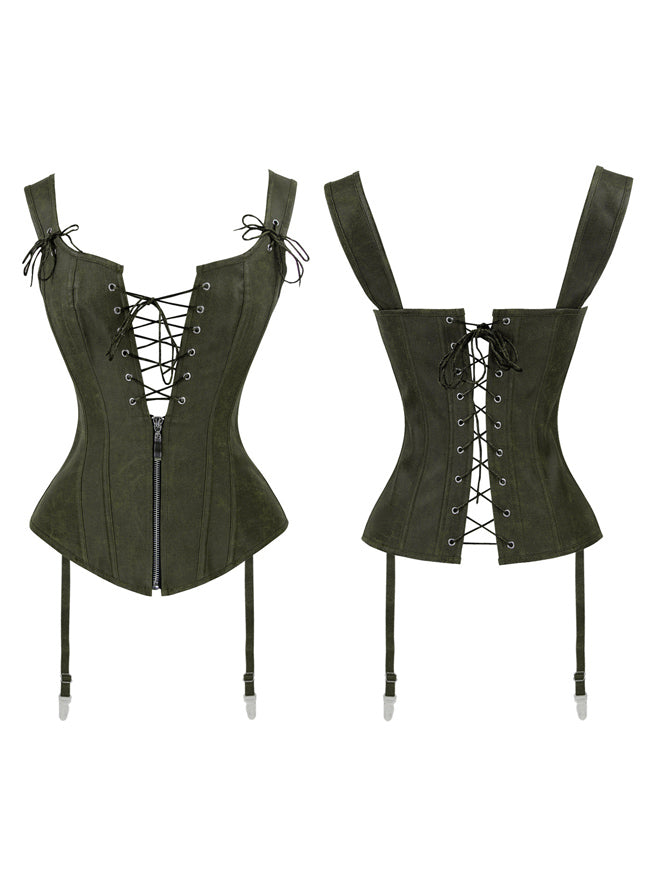 Vintage Renaissance Front Zipper Lace Up Bustier Corset with Garters