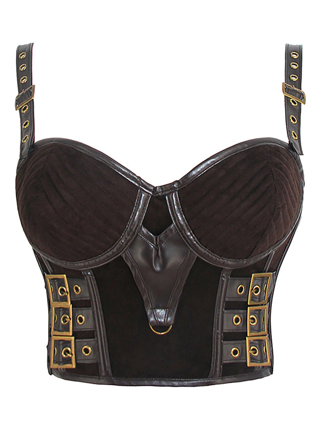 Gothic Spaghetti Straps Faux Leather Bustier Crop Top with Buckles Main Image