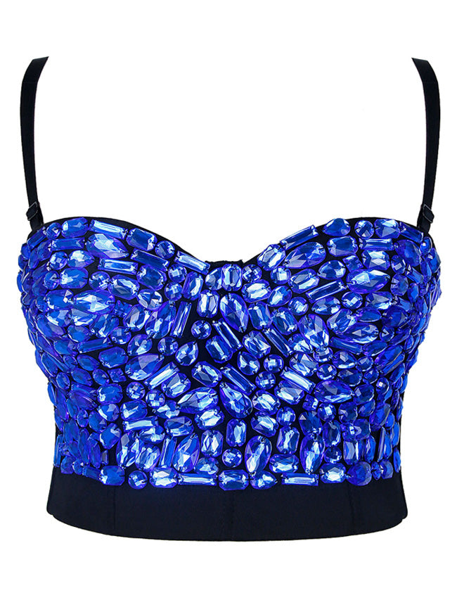 Spaghetti Straps Rhinestone Beaded Push Up Bra Studded Gem Clubwear Party Bustier Crop Top