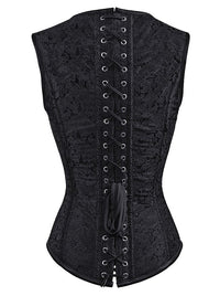 Women's Steampunk Brocade Steel Boned Overbust Vest Corset Black Back View