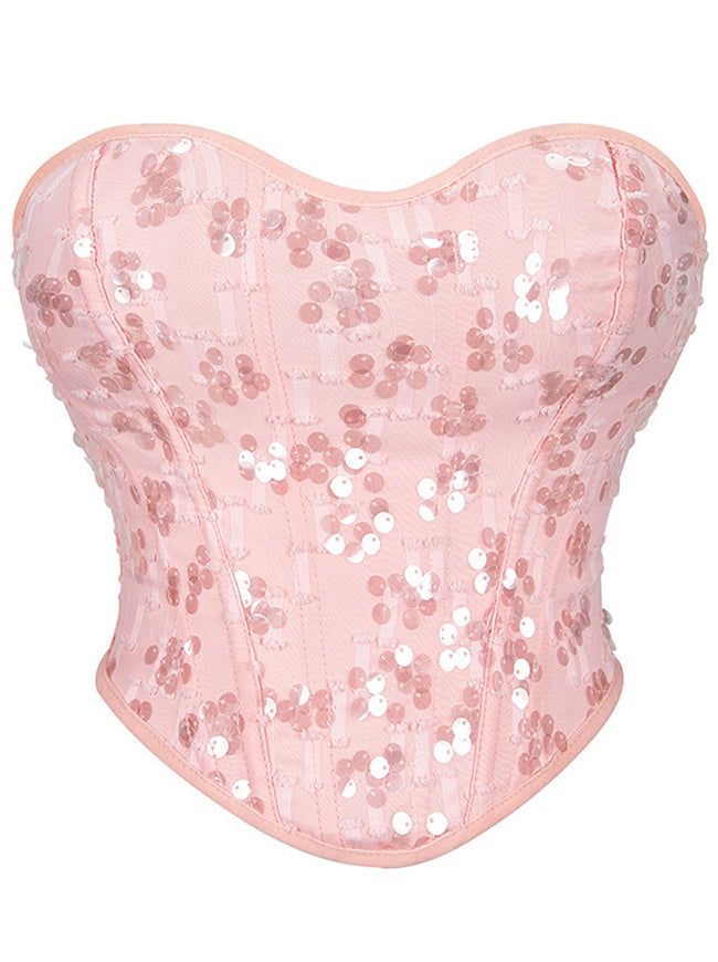 Charmian Women's Vintage Strapless Sequin Boned Lace Up Overbust Corset Crop Top Pink Main Image