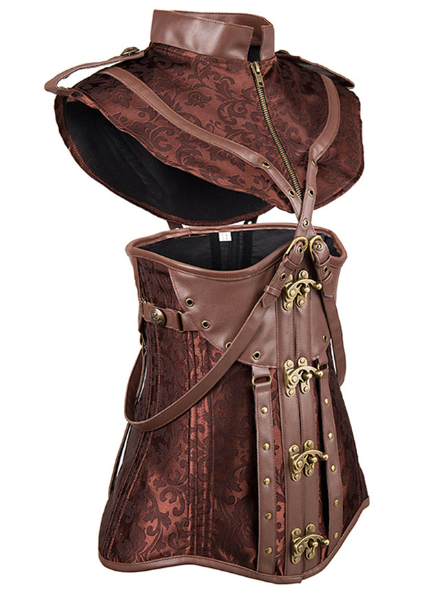 Women's Victorian Steel Boned Faux Leather Jacquard Push Up Underbust Corset with Shrug Brown Side View