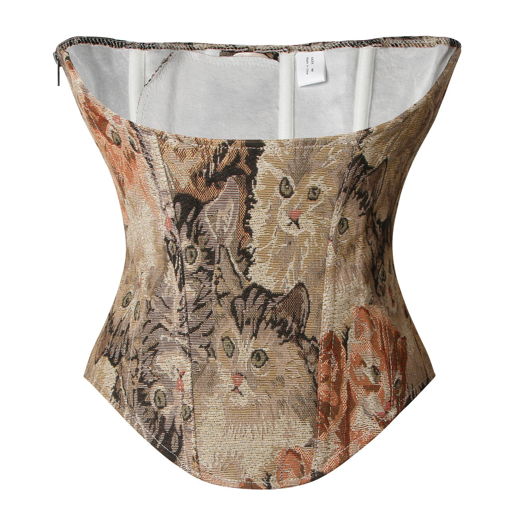 Renaissance Vintage Cat Printed Underbust Waist Training Corset