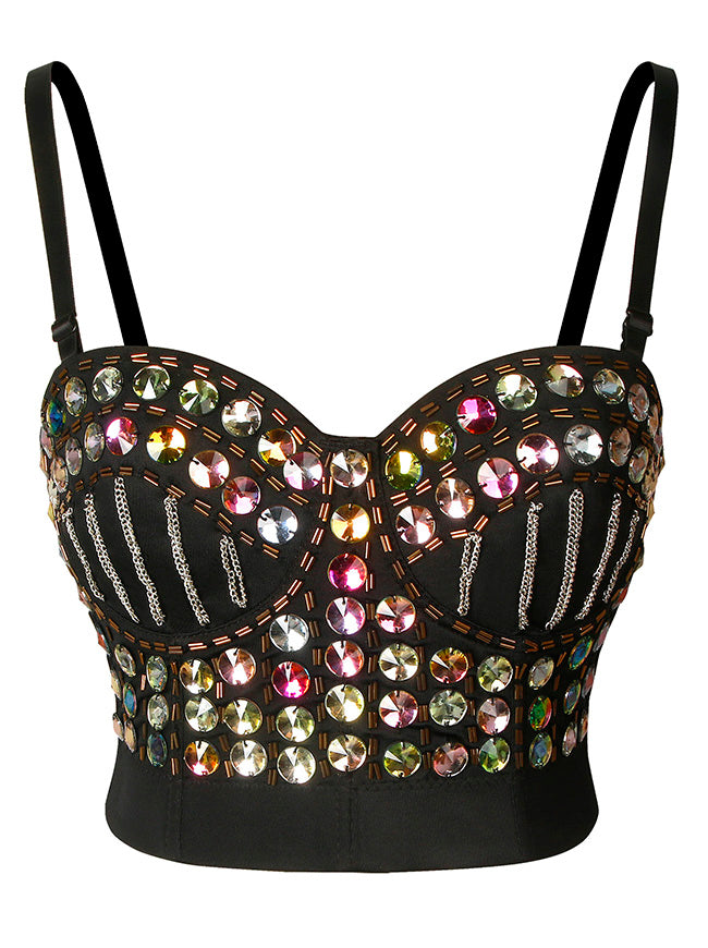 Women's Rhinestone Bead Glitter Bustier Corset Bra Club Party Crop Top Main View