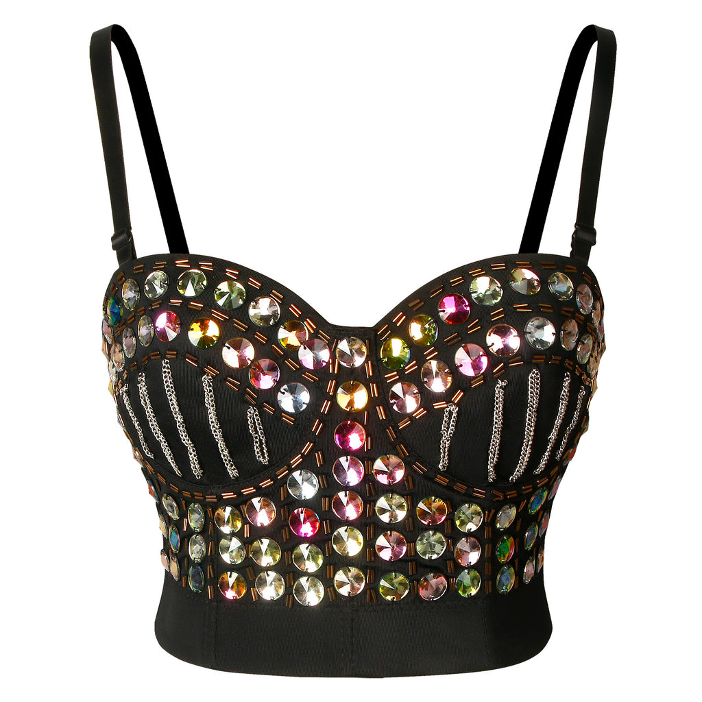 Women's Rhinestone Bead Glitter Bustier Corset Bra Club Party Crop Top Main View