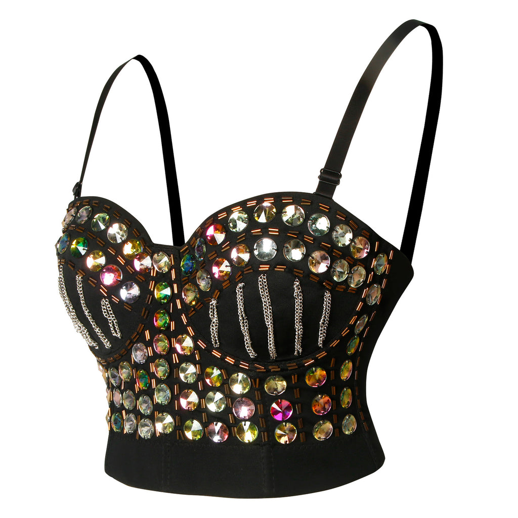 Rhinestore Bras Crop Top Bra with Chains Clubwear Bra  Side View