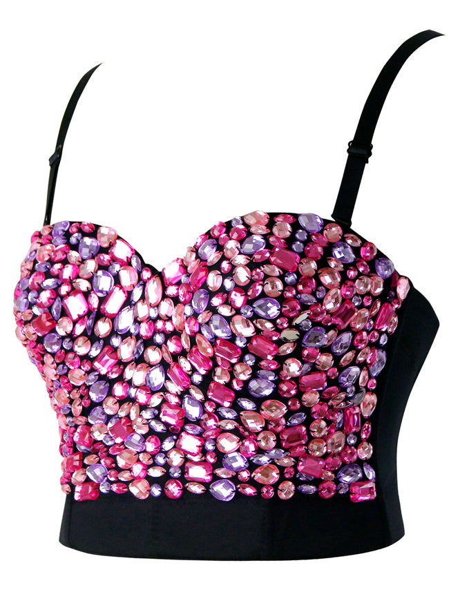 Women's Fashion Spaghetti Straps Colorful Rhinestone Push Up Bra Studded Clubwear Bustier Crop Top Bra Pink Side View