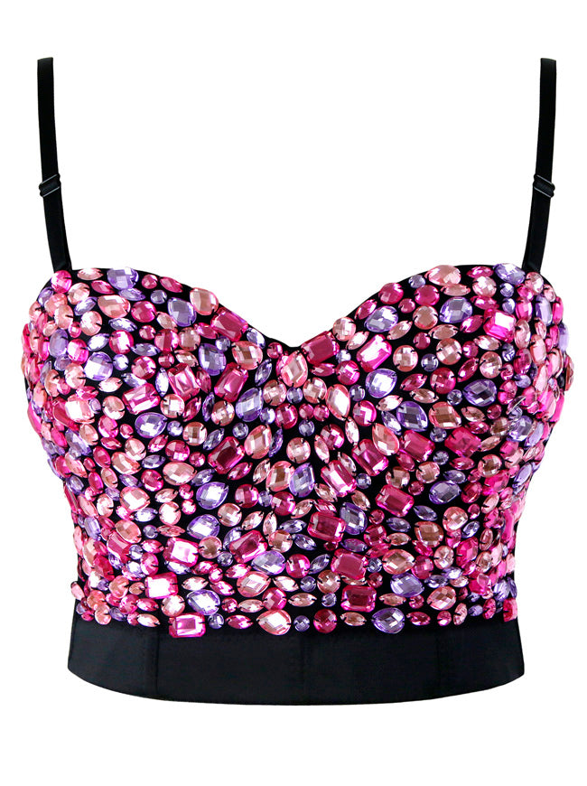 Spaghetti Straps Colorful Rhinestone Push Up Bra Studded Gem Clubwear Party Bustier Bra Crop Top Main Image