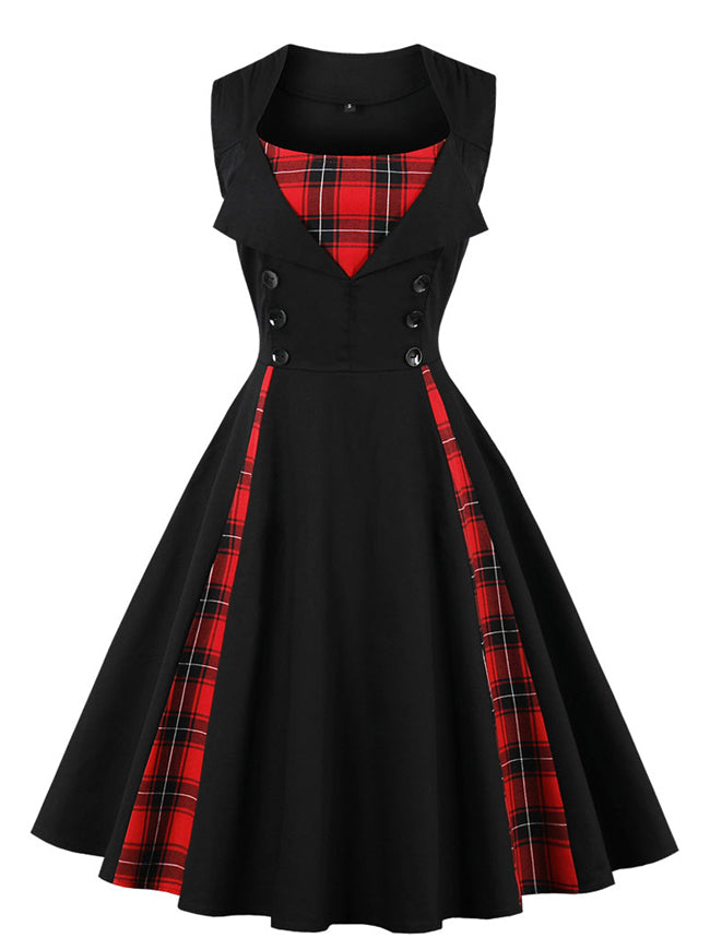 Killreal Women's 1950s Style Retro Vintage Rockabilly Dress with Plaid Patchwork Black Plaid Main Image