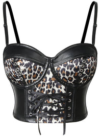 Women's Steampunk Goth PU Leather Leopard Clubwear Bustier Crop Top Bra