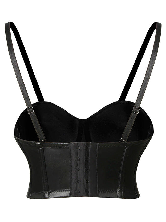 Stunning Hottie Leather Hook And Eye Closure Plastic Boned Spaghetti Straps Corset Tops Back View