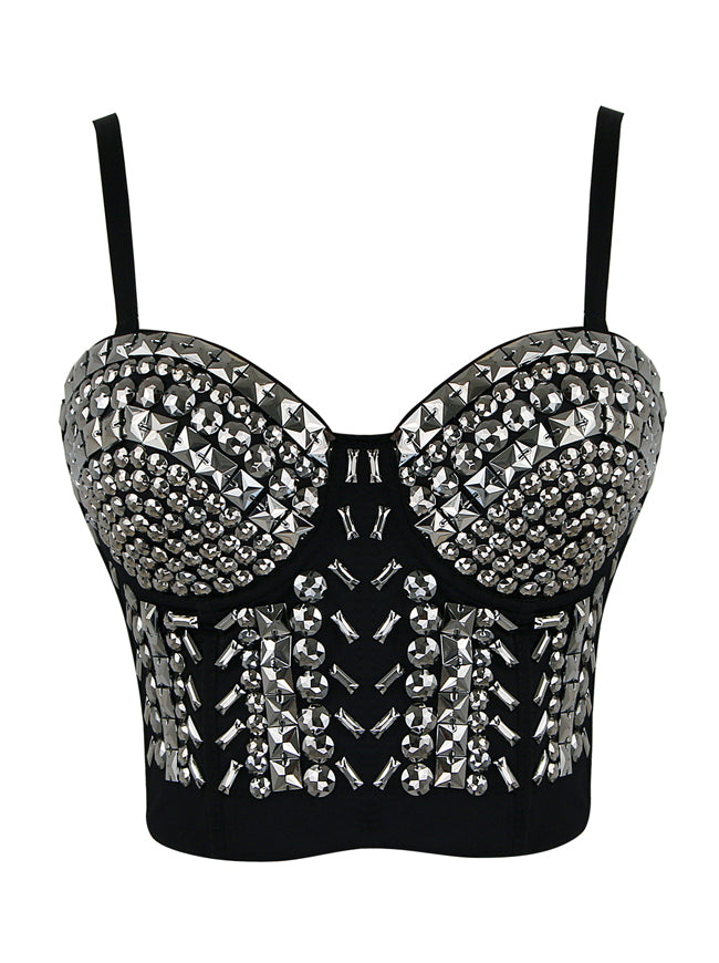 Steampunk Spaghetti Strap Studs Rivets Beaded Clubwear Push Up Bustier Crop Top Bra