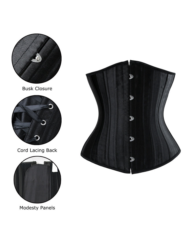 Women's Steampunk 26 Spiral Steel Boned Satin Short Torso Underbust Waist Training Corset Black Detail View