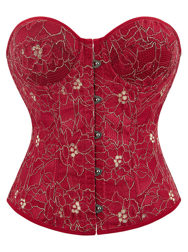 Charmian Women's Vintage Floral Embroidered Off-shoulder Lace Up Overbust Corset Top Red Main Image